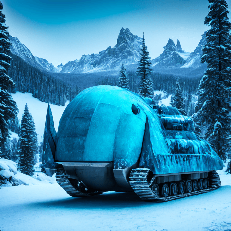 AI generated: manned vehicle with cabin, shaped like a tank, frozen alien planet, blue frozen lake, mountains in t...
