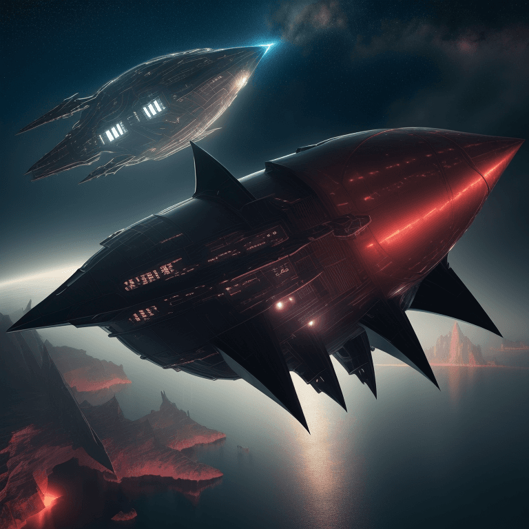 AI generated: raw photo, spaceship shaped logo batman like a metallic airship, flying over a reddish sea, close to...