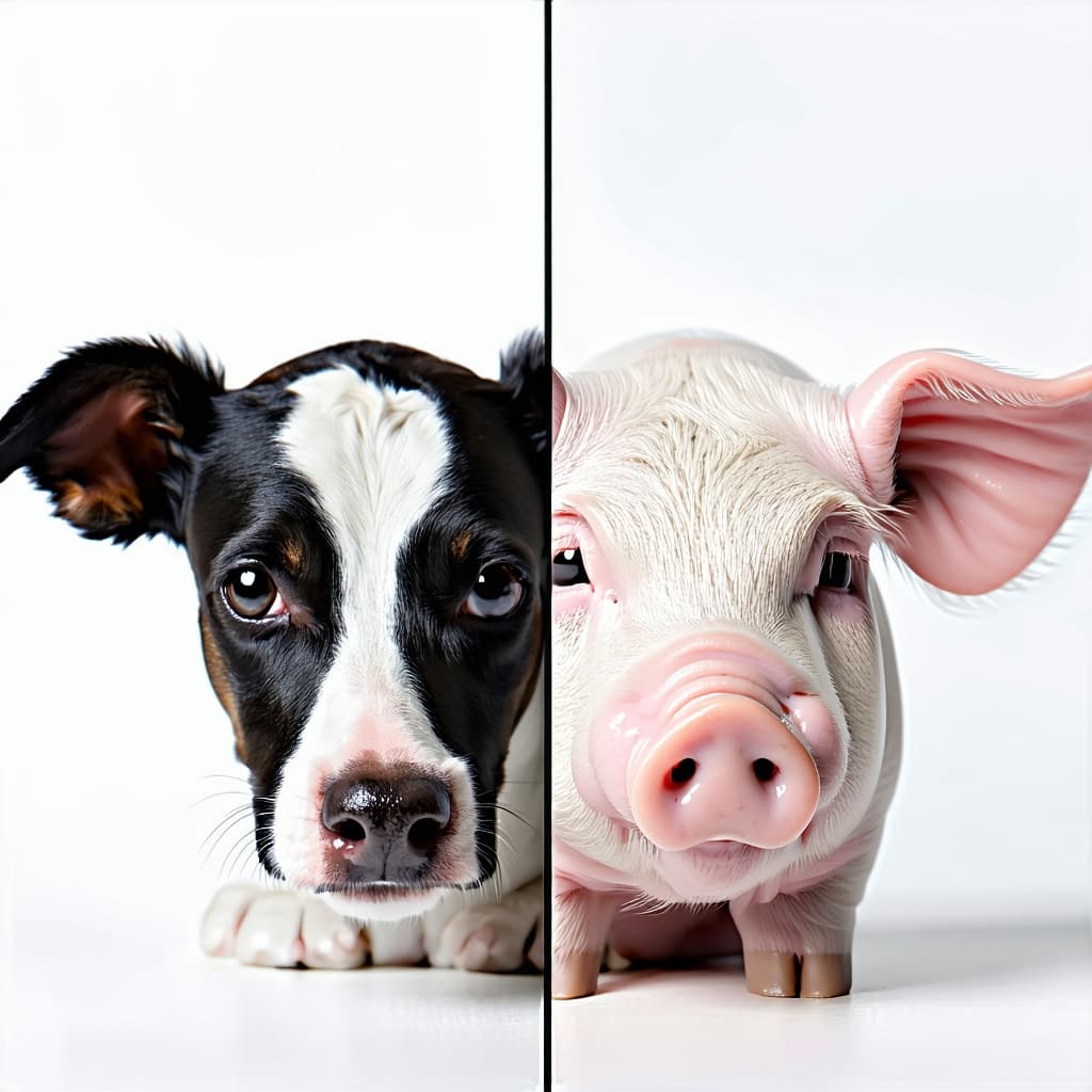 AI generated: • The split between dog and pig/cow should be directly down the center of the face. And they should ...