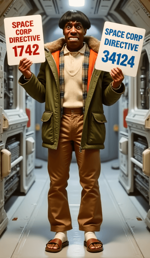 AI generated: Dwayne Dibley, holding up space corp directives.