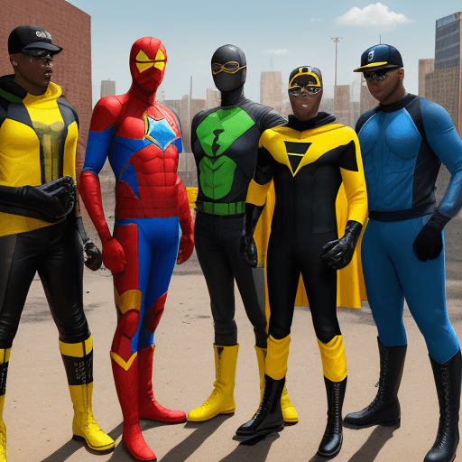 AI generated: WE ARE SEEING FIVE DIFFERENT JOHN BOYEGA'S MALES IN A RED, BLUE, YELLOW, GREEN, BLACK SPANDEX SUITS,...