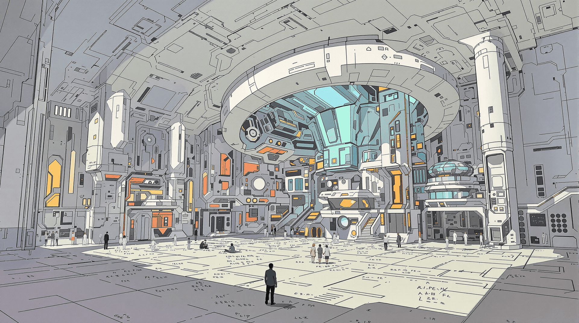 AI generated: design sketches of a futuristic sci-fi mansion, formulas and annotations, diagram for parts, golden ...