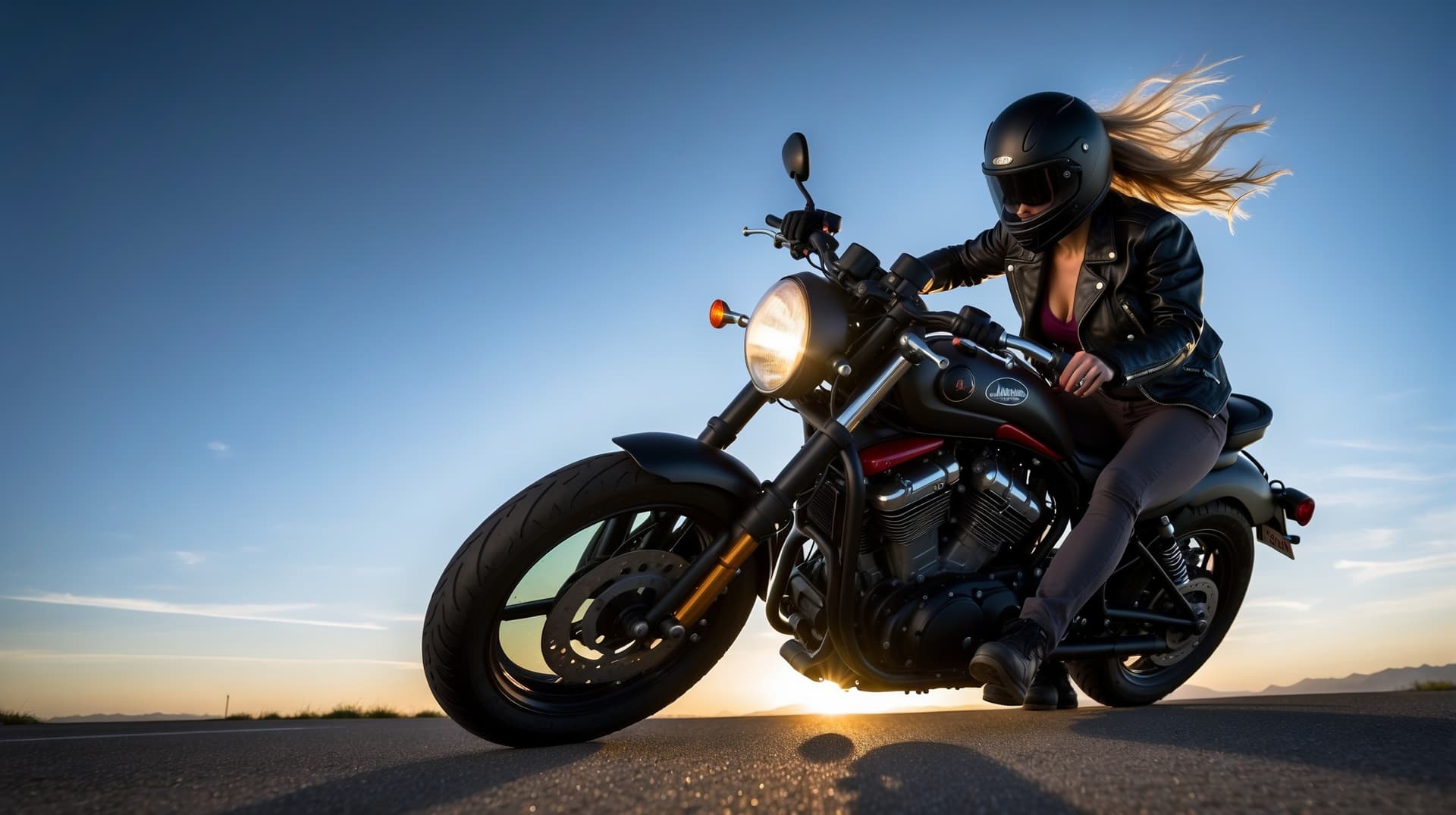 AI generated: A stunningly attractive and daring female motorcyclist, perfect face, and body.