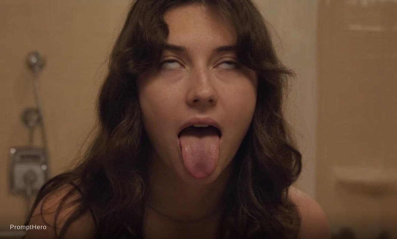 AI generated: She sticks her tongue out all the way and rolls her eyes back halfway