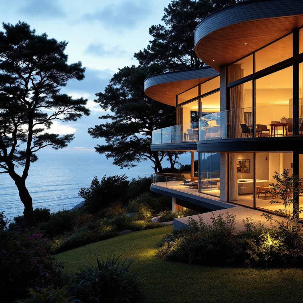 AI generated: Hyper realistic eye level exterior photo of a mid century modern style house overlooking the ocean, ...