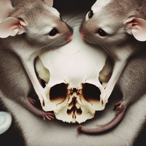 AI generated: upper view of open skull with two rats having a date in the skull trying to propose 