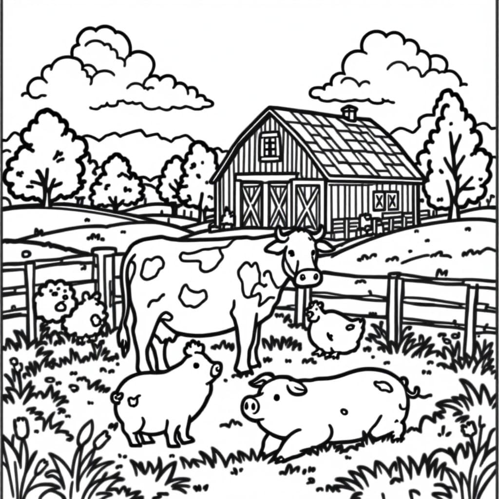 AI generated: Coloring book page,	A farm with cows, pigs, chickens, and a barn in the background