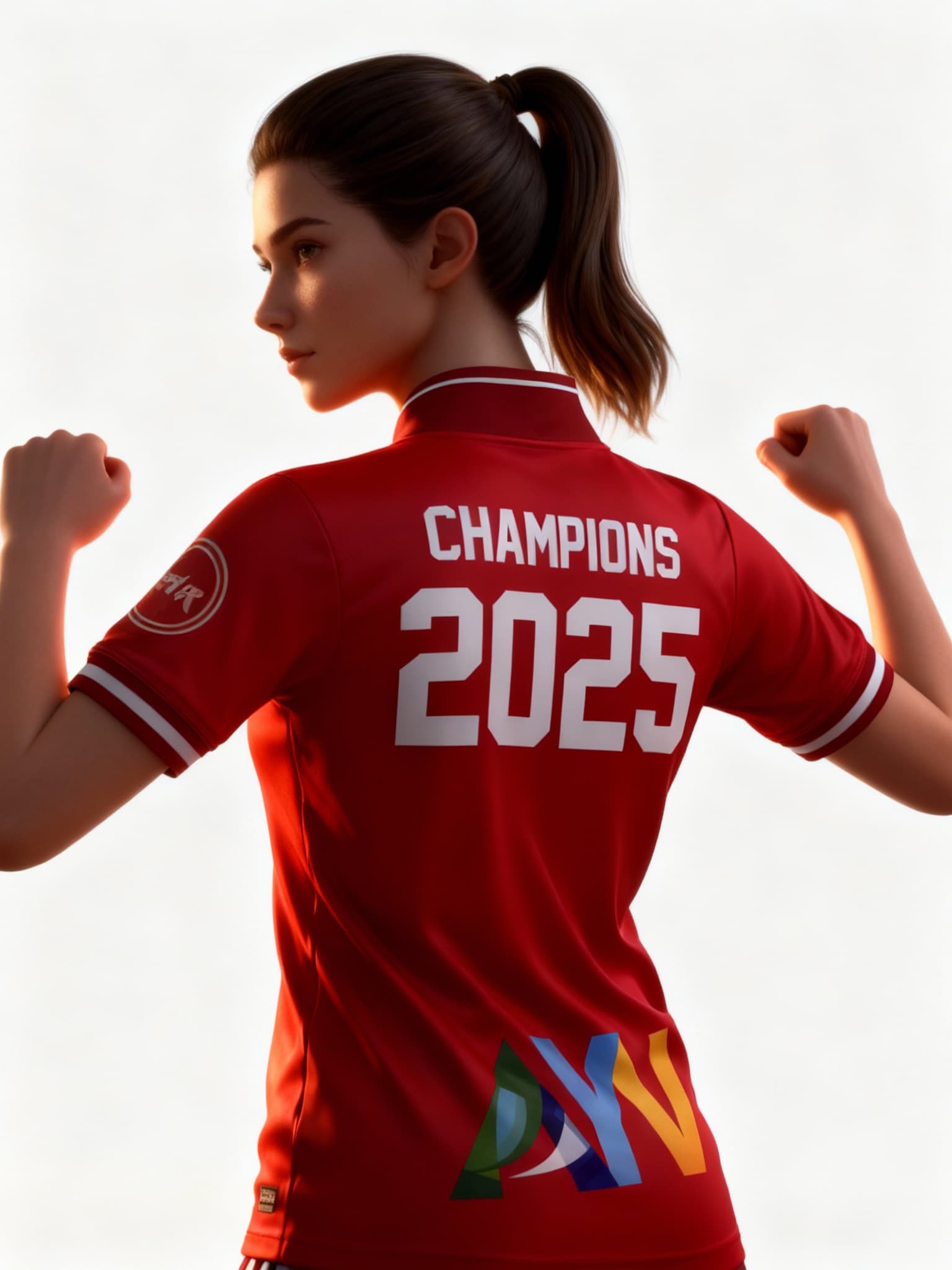 AI generated: A rear female realistic 3D mock-up of a red soccer jersey in a rear-view power pose, focusing on the...