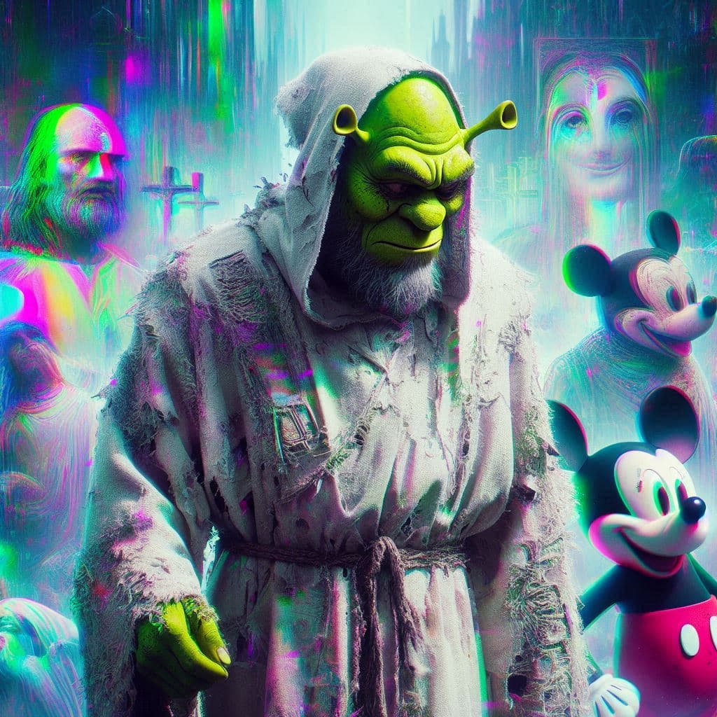 AI generated: Shrek perturbador con túnica blanca vieja, rota y sucia, con estética y colores ciberpunk cian, verd...
