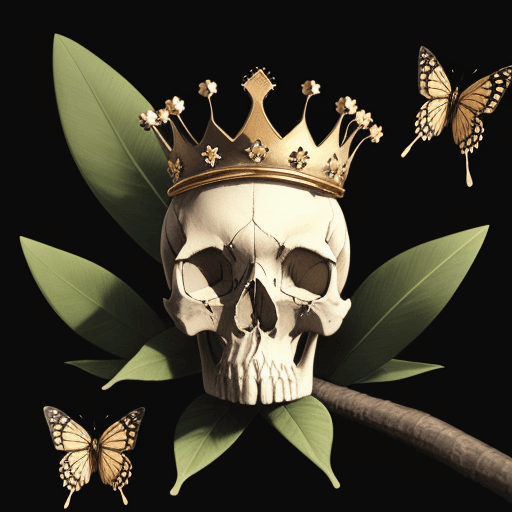 AI generated: skull with crown, on top a butterfly, and on one side a laurel branch