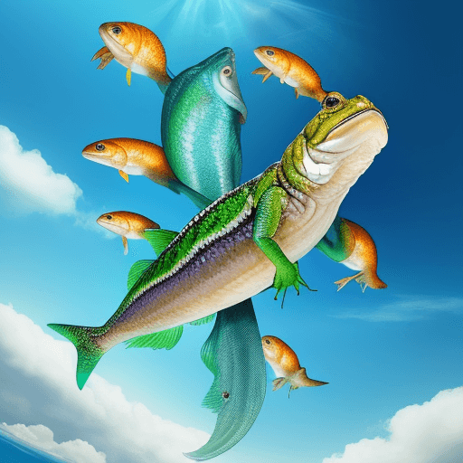 AI generated: una rana  en el cielo con alas  y cara de  pescado