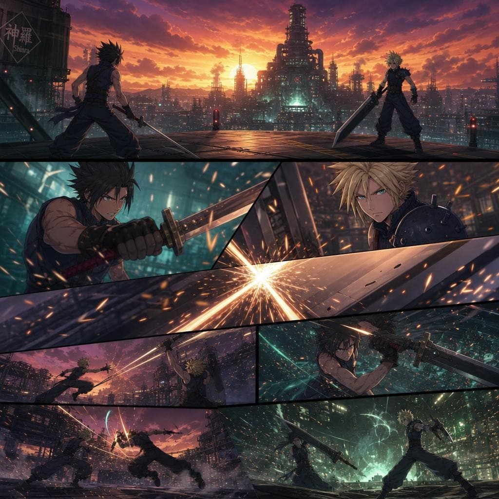 AI generated: Una intensa batalla de espadas contra Cloud Strife de Final Fantasy VII: un joven guerrero se enfren...