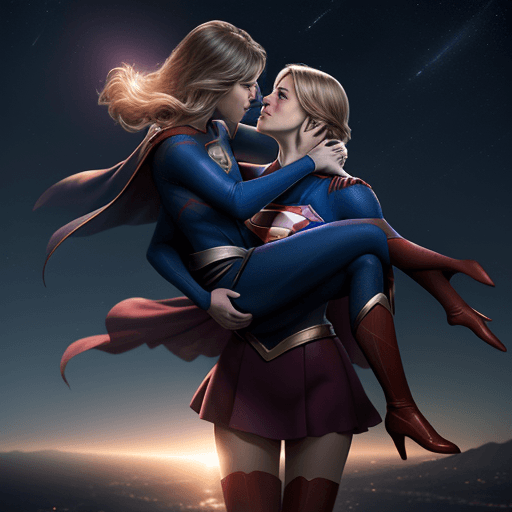 AI generated: Supergirl flying in the night sky while carrying lena luthor with her hands and kissing her.