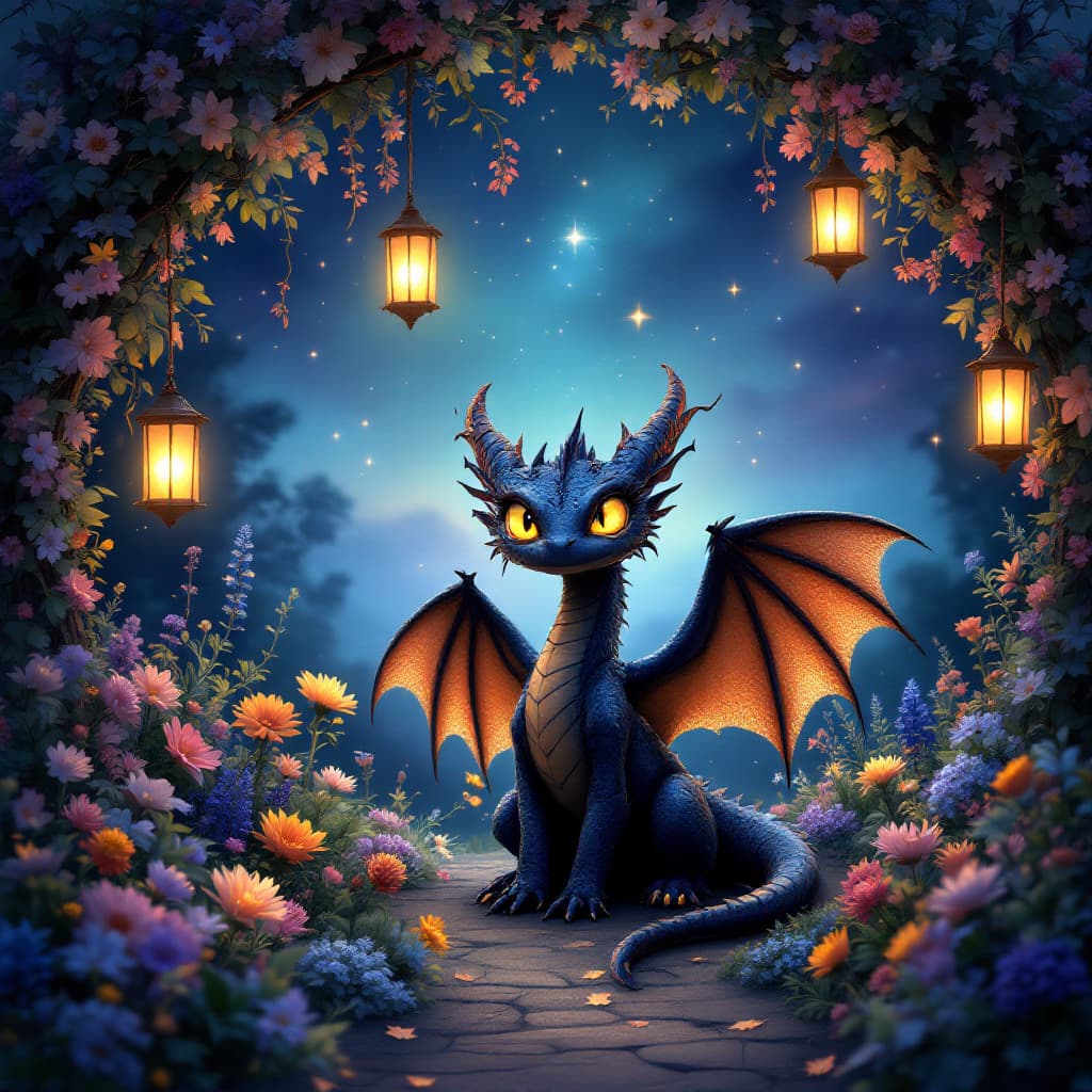 AI generated: A mystical black dragon with tiny wings with glowing yellow eyes sits gracefully in an enchanting ni...