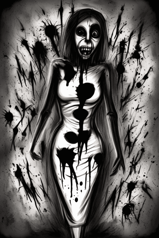AI generated: (a sadistic girl), (wearing a blood-soaked white dress), (dark alley), (night), (raining), horror, (...