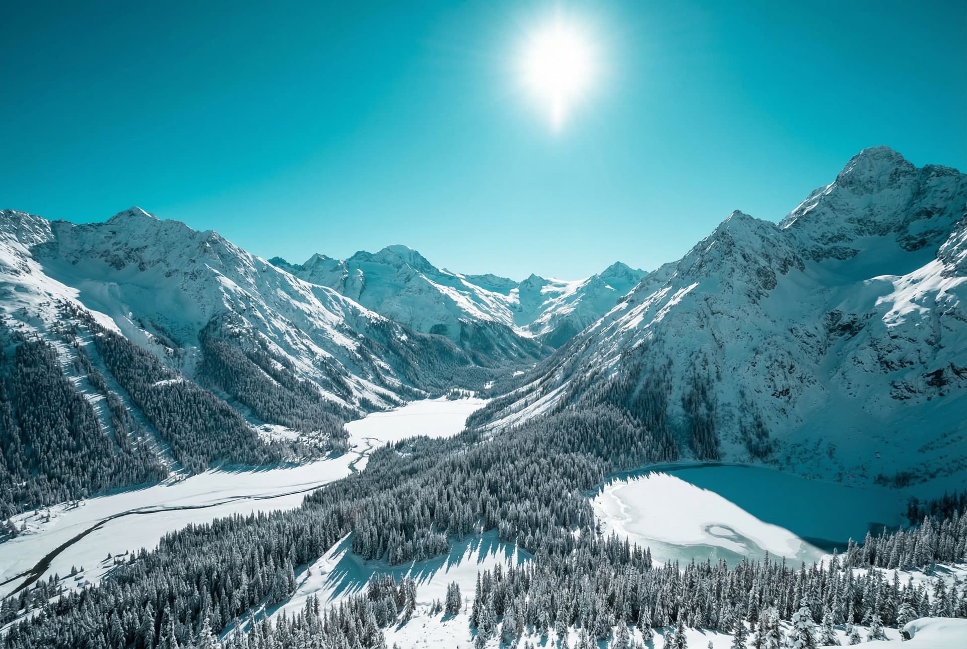AI generated: a scenic landscape with tall mountains and valleys but the sky has a more teal color  with no clouds...