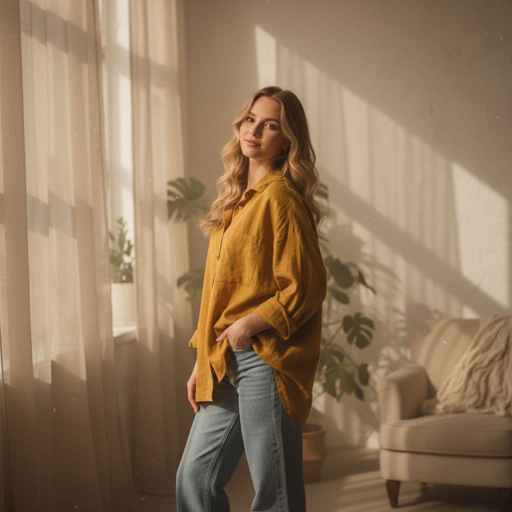 AI generated: blond girl in a yellow shirt is posing, soft, atmospheric lighting --chaos 33 --ar 1:2 --profile yru...