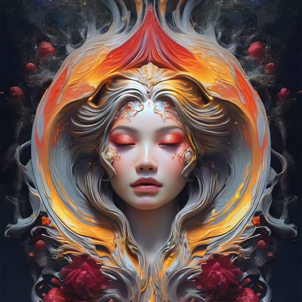 AI generated: [Jupiter, splash art, a close up liquid luminous moon lady made of colors, silver, red, orange, ligh...