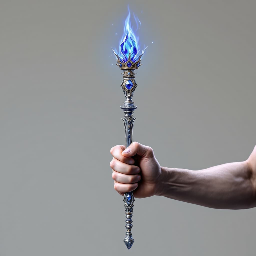 AI generated: Well muscled arm gripping medium-short length, smooth, photo-realistic, royal, elegant silver scepte...