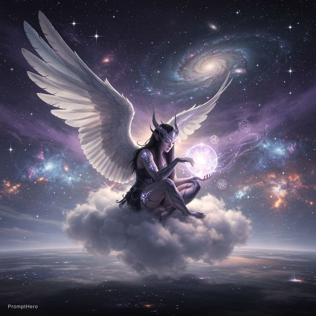 AI generated: The image depicts an impressive, fantastical scene in outer space. At the center is a creature with ...