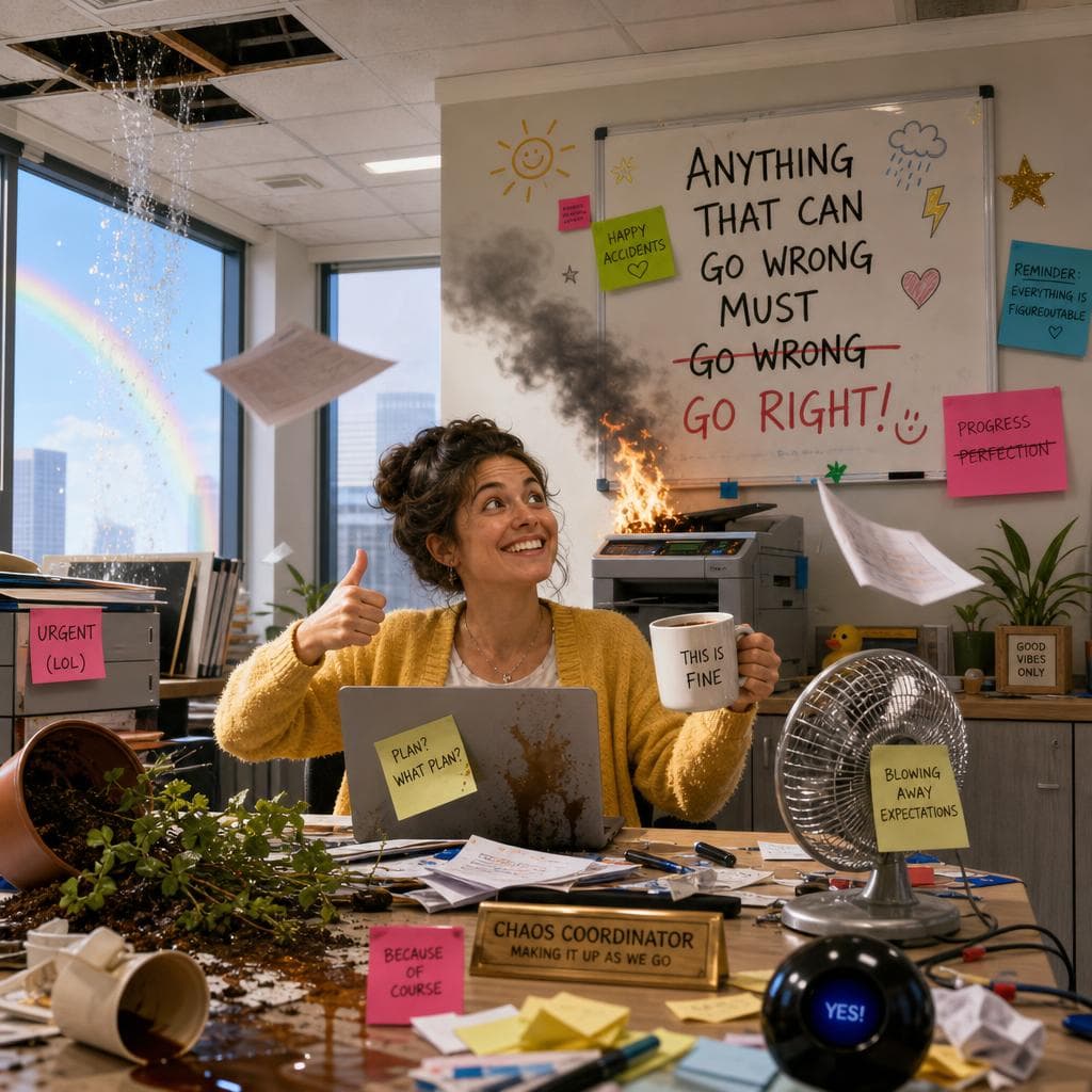 AI generated: Anything that can go wrong must go wrong. happy accidents. office. optimistic