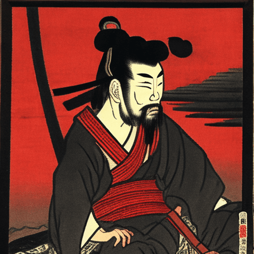 AI generated: An old japanese painting of a lonely samurai sitting in front of a fainted fire that's slowly being ...