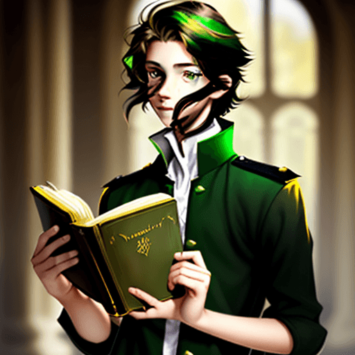 AI generated: young 18-year-old prince with dark streaked hair and yellowish-green eyes with a book in hand