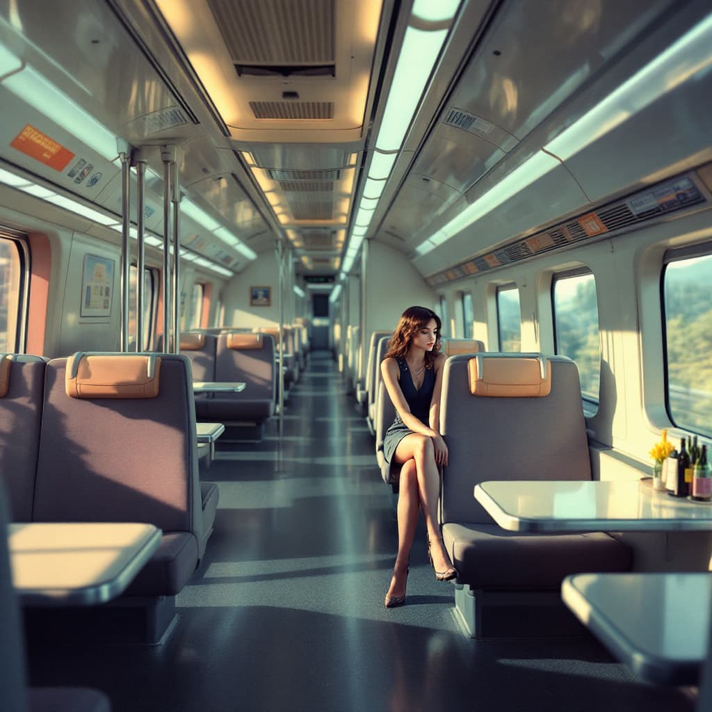 AI generated: a beautiful Wes Anderson style image of a bullet train interior with rotating seats, pertty female.