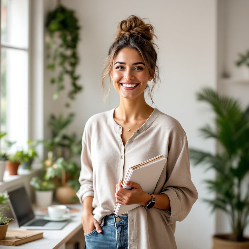 AI generated:   "prompt": "A confident, smiling woman standing in a bright and cozy home, radiating empowerment an...