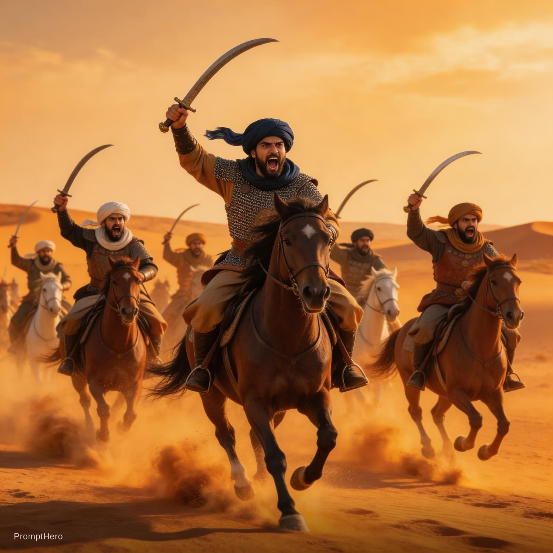 AI generated: Muslim cavalry warriors in 5th century AH charging into battle with extreme passion and courage, Ara...