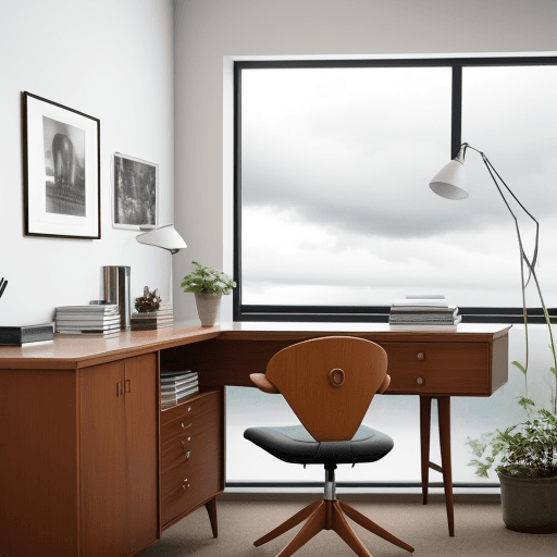 AI generated: photograph, home office, mid-century, cloudy, creating a warm white and inviting atmosphere, such as...
