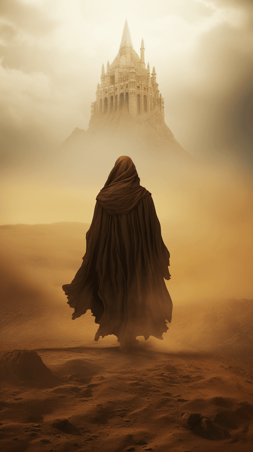 AI generated: Mysterious figure in striking cloak walking through the desert