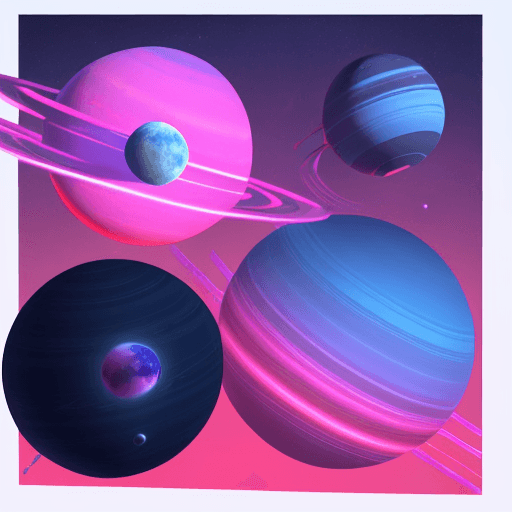 AI generated: minimalistic, planets with rings, three-body problem, cyberpunk vibrant pink and blue colors, withou...