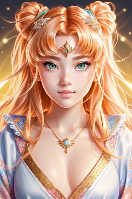 AI generated: front view portrait of sailor moon, glowing sunshine, very strong front light on face, HD photograph...