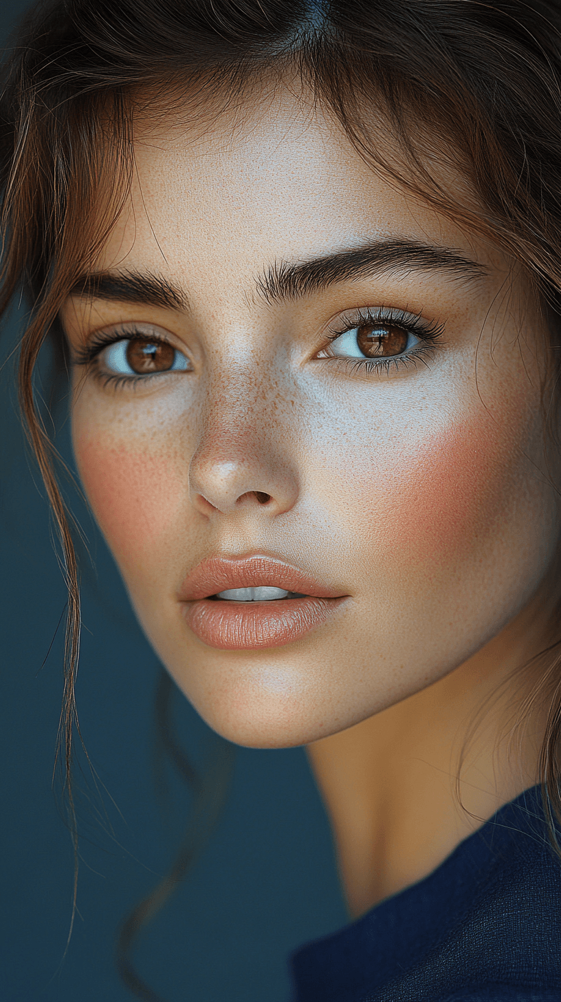 AI generated: the face of a woman with brown eyes, in the style of Vogue, light navy and light gray, Patrick Demar...