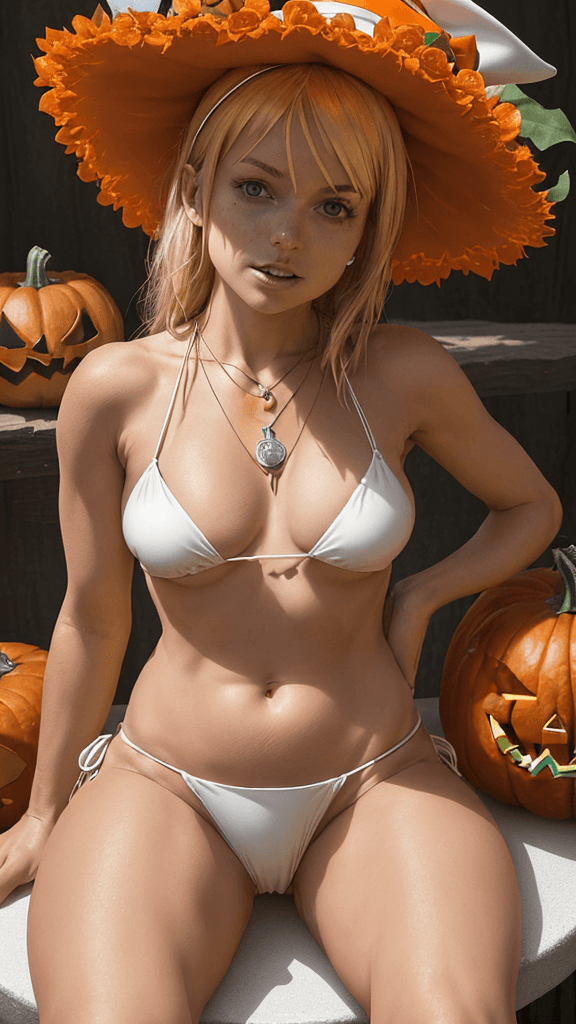 AI generated: a woman dressed in a Halloween costume, adorned with an orange hat, is seated on a white platform su...