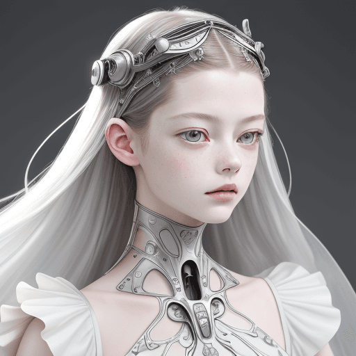 AI generated: a close up of a person wearing a silver dress, by Alexander McQueen, art nouveau, nikon D850, organi...