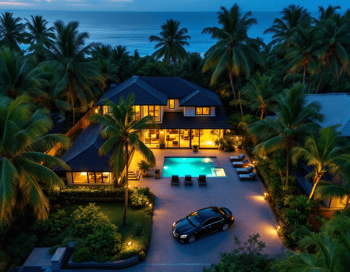 AI generated: An aerial view of a tropical seaside luxurious beach house during a summer night, surrounded by lush...