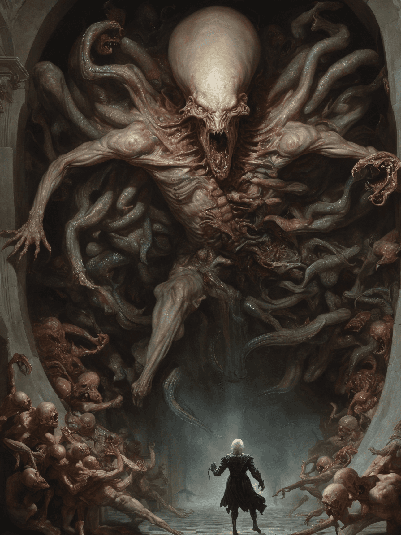 AI generated: concept art a classical baroque painting, dark fantasy, ancient era, a man emerging from an eldritch...