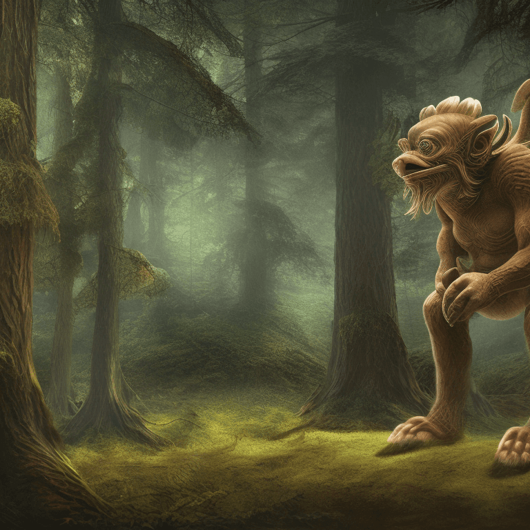 AI generated: 
illustration of a goblin, medieval beast, forest background, full length view, digital art, higlly ...