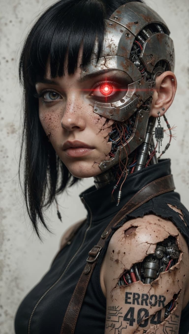 AI generated: A striking close-up portrait of a female cyborg with long, straight black hair and blunt bangs. Her ...