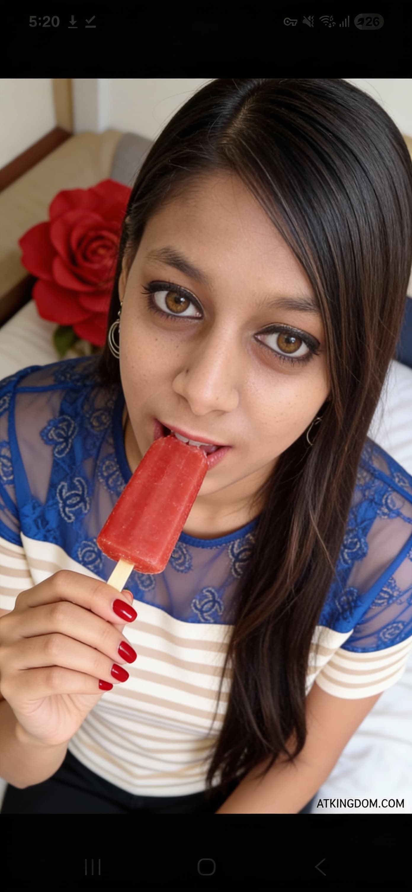 AI generated: A close-up photo taken from a high, slightly overhead angle shows a woman looking directly up at the...