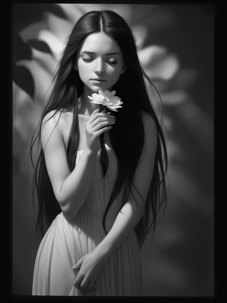 AI generated: Black and White photo, A soul-stirring  portrait of a woman, long dark hair, eyes closed, head tilte...
