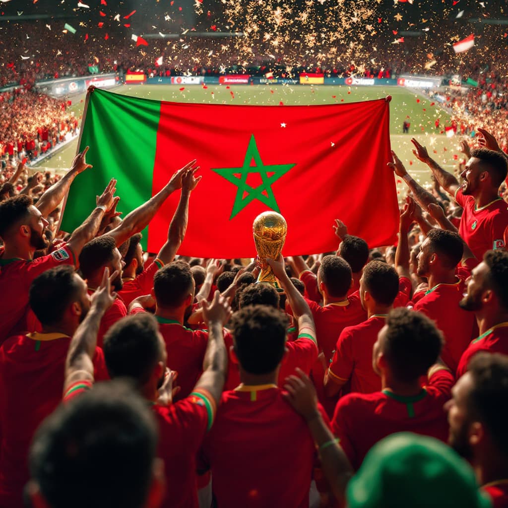 AI generated: National Moroccan Team of Football wining the World cup 2030 in Morocco with vibrant and huge happy ...
