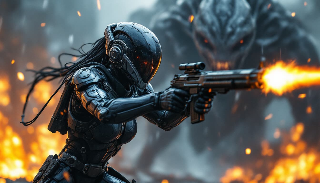 AI generated: A futuristic female soldier fighting wearing sci-fi battle armor in an alien warzone bright backgrou...