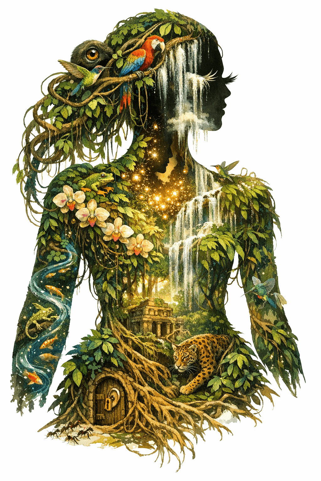 AI generated: **"Jungle Reverie: The Verdant Oracle"**  

**Silhouette & Structure:**  
The woman’s form emerges a...