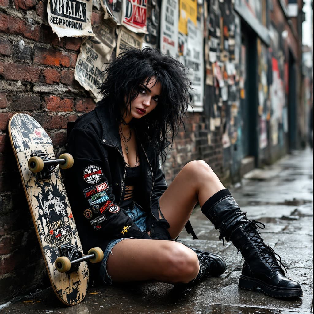 AI generated: london punk female , sitting on ground with back against wall, a pro skateboard is beside her laying...