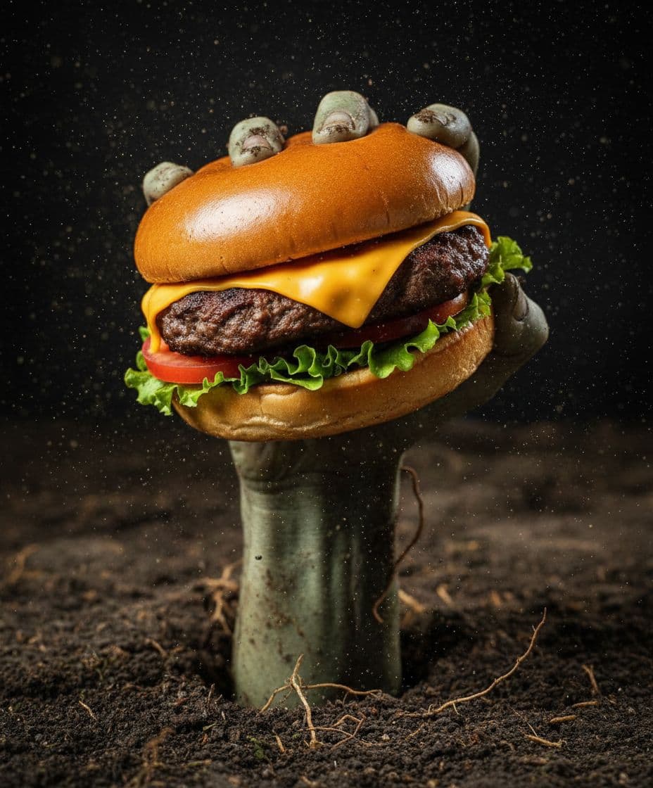 AI generated: "A zombie hand breaking through the earth holding a beef burger with melted cheese — extreme close-u...