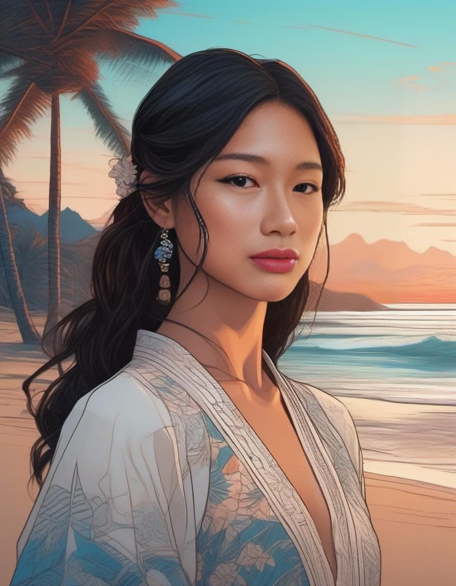 AI generated: A portrait of a hawaiian girl, beach, dawn, traditional outfit| centered| intricate| highly detailed...