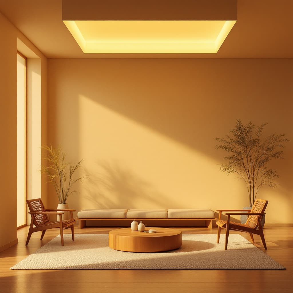 AI generated: photography, minimalist interior space bathed in golden light from an expansive square light fixture...